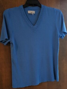 Sag Harbor Light Blue V-Neck Knit Top with Beaded Trim